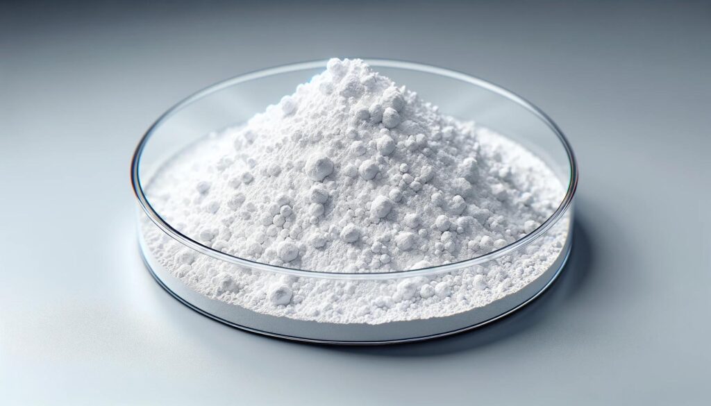 A small pile of white powdered lithium in a petri dish
