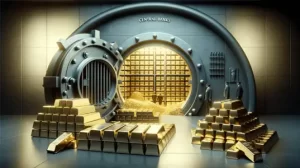 Tons of gold bars stacked in front of an open safe with a sign 'Central Banks' above it.