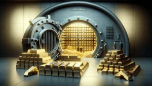 Tons of gold bars stacked in front of an open safe with a sign 'Central Banks' above it.