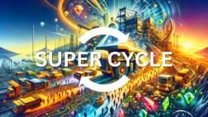 ibrant burst of colours, showcasing diamonds, active mine production, minerals-laden truck; title: Super Cycle